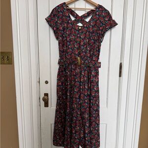 Vintage Floral Belted Dress with Crisscross Back